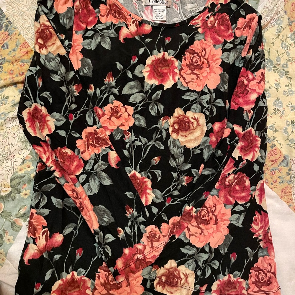 Style & Co. Black and Red Floral Long Sleeve Top
